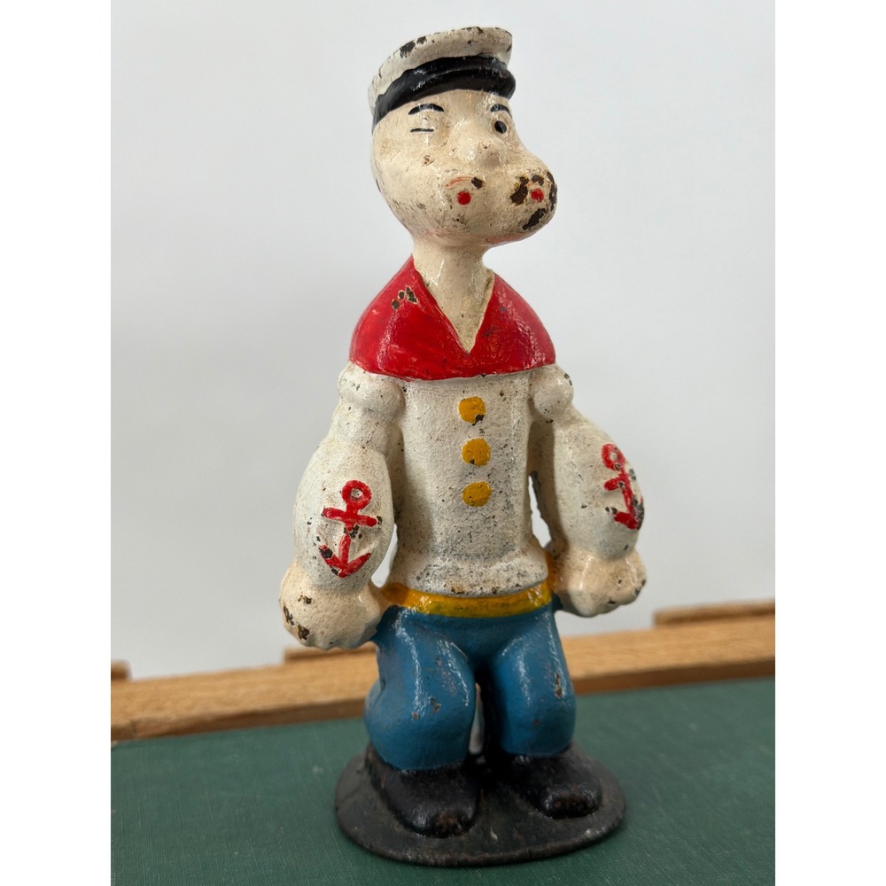 Vintage Popeye the Sailor Man Cast Iron Coin Bank Hand Painted Metal Figurine